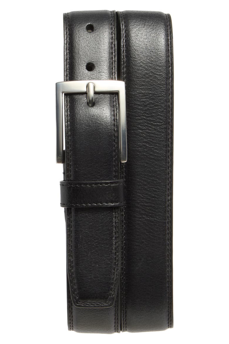 Double Stitch Leather Belt, Main, color, BLACK
