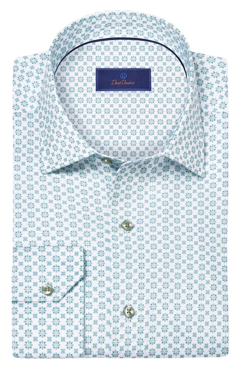 David Donahue Neat Floral Medallion Cotton Button-Up Shirt, Alternate, color, White/ Pistachio