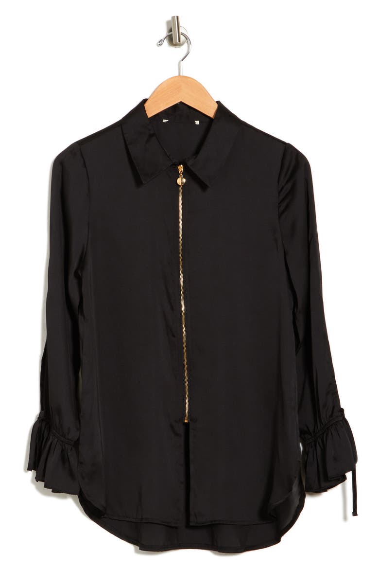 Italia Front-zip Silk Collared Blouse, Alternate, color, BLACK