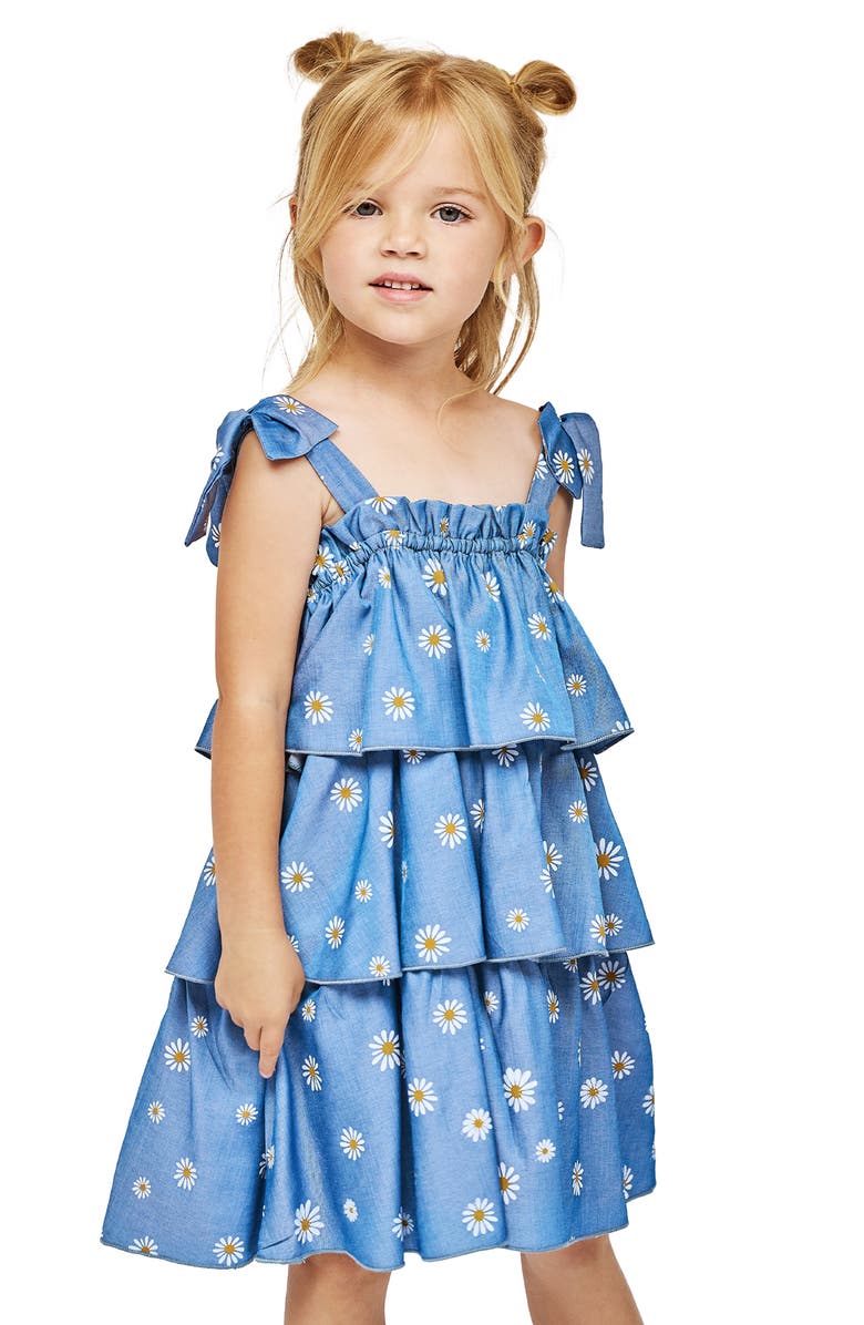 Baby Sara Kids' Tiered Daisy Print Dress, Alternate, color, Blue Multi