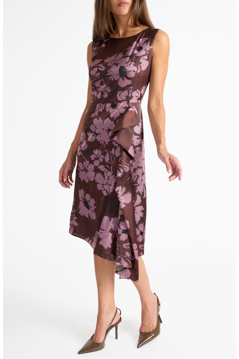 Nica Sleeveless Dress with Side Ruffle in Floral Twill Crepe, Alternate, color, RAISIN