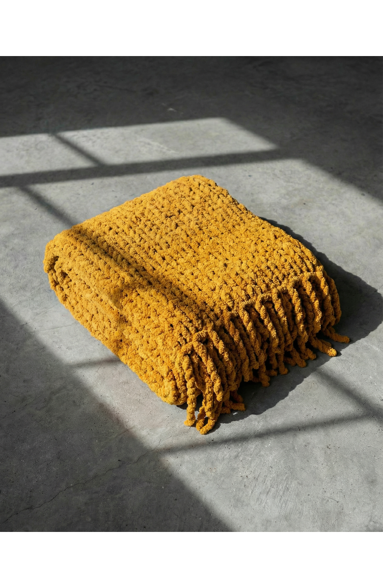 VILLA ABURI Chunky Chenille Knit Blanket with Fringe, Alternate, color, Saffron