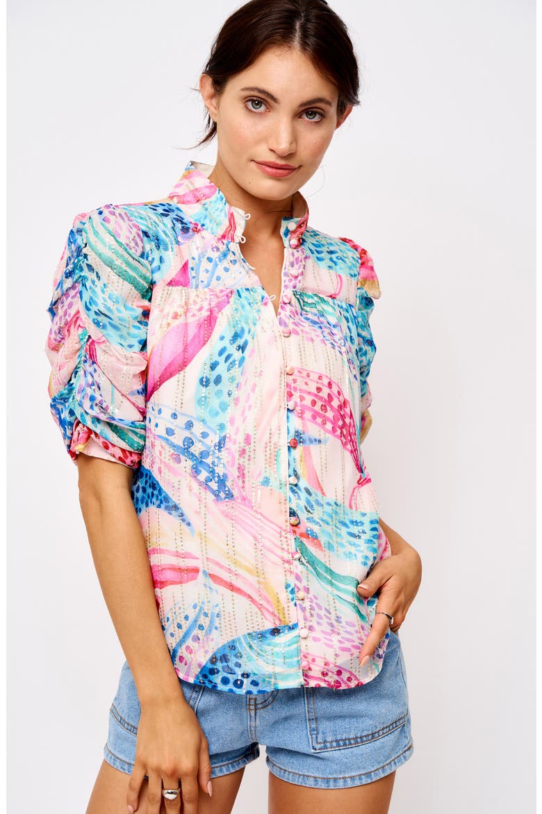 Maggie Ruched Sleeve Shirt, Alternate, color, RED MULTI