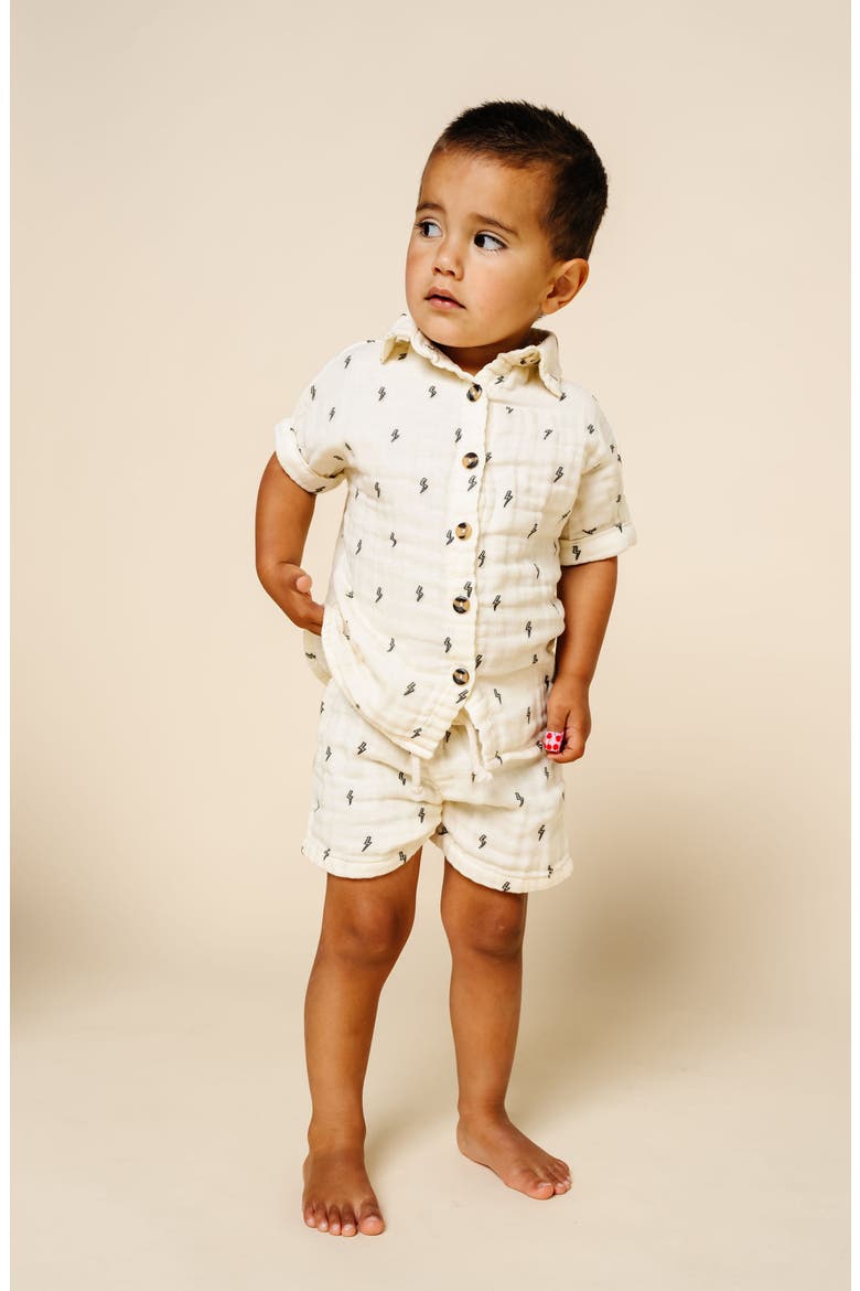 Cloud Cotton Muslin Button-Up Shirt & Shorts Set, Alternate, color, LIGHTNING BOLT