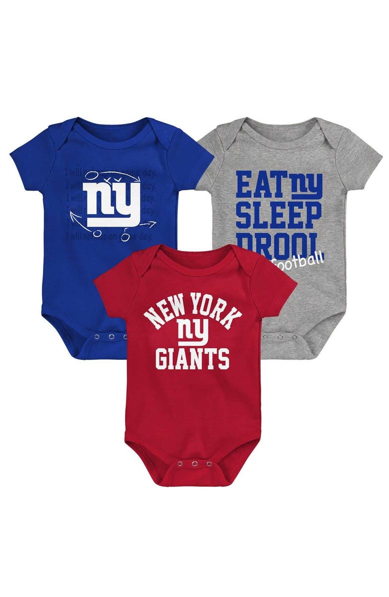 Outerstuff Newborn & Infant Royal/Red/Heather Gray New York Giants Three-Pack Eat, Sleep & Drool Retro Bodysuit Set, Alternate, color, Royal