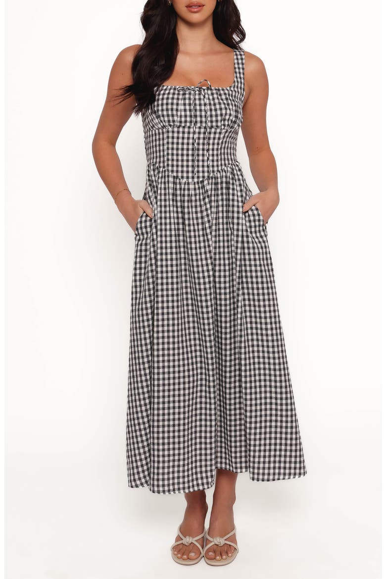 Kinslee Corset Cotton Blend Midi Dress, Main, color, BLACK GINGHAM