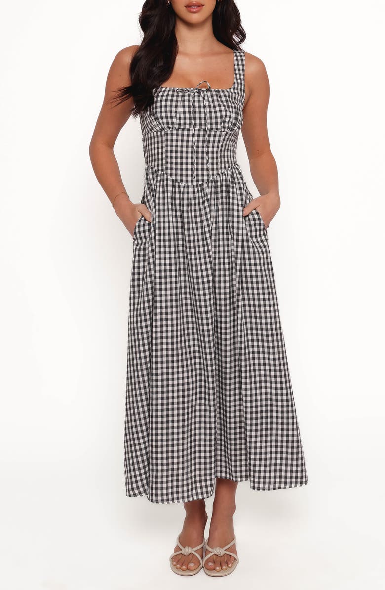 Petal & Pup Kinslee Corset Cotton Blend Midi Dress, Main, color, Black Gingham