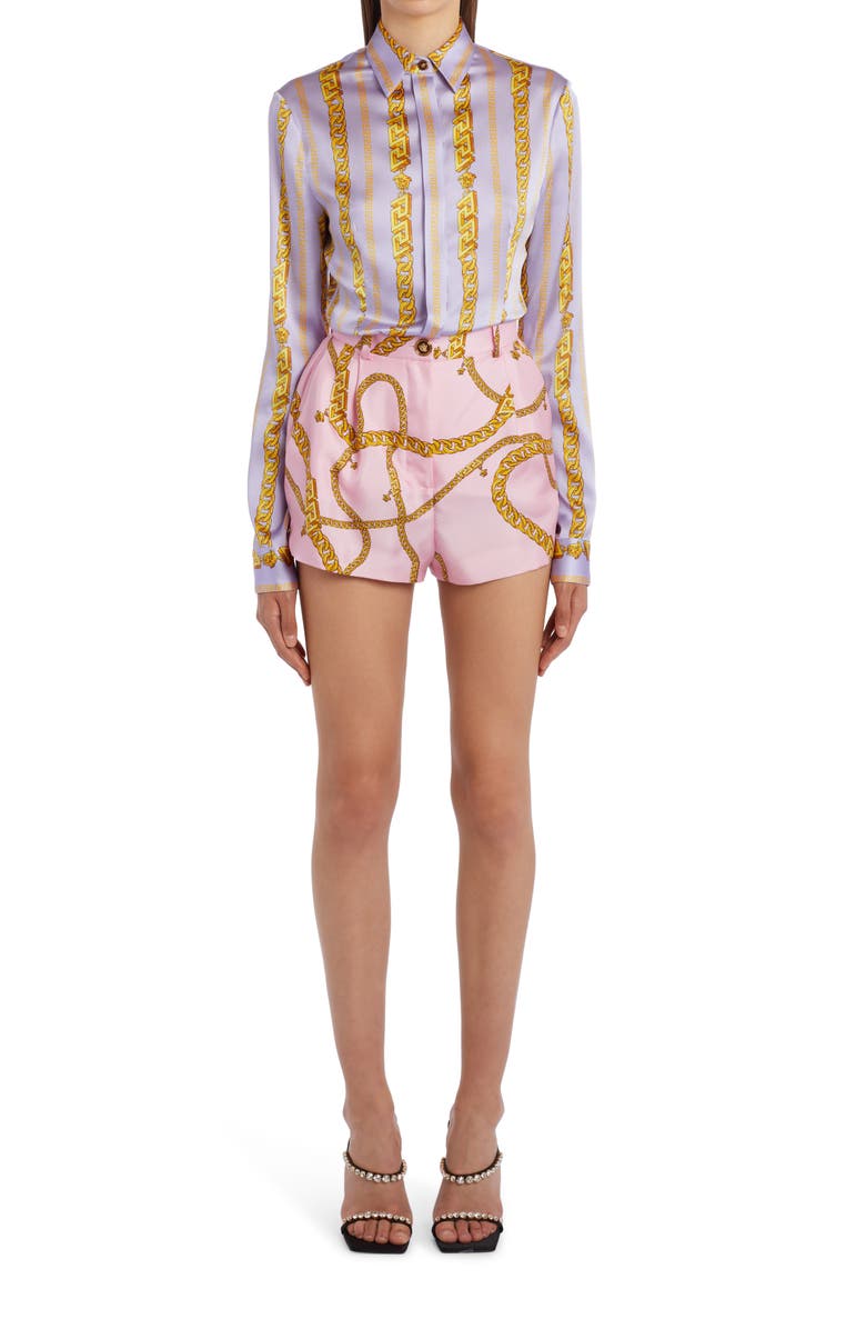 Versace Chain Print Silk Twill Shorts, Alternate, color,