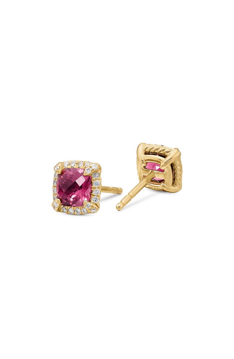 David Yurman Petite Chatelaine<sup>®</sup> Pavé Bezel Stud Earrings in 18k Gold, Alternate, color, Pink Tourmaline