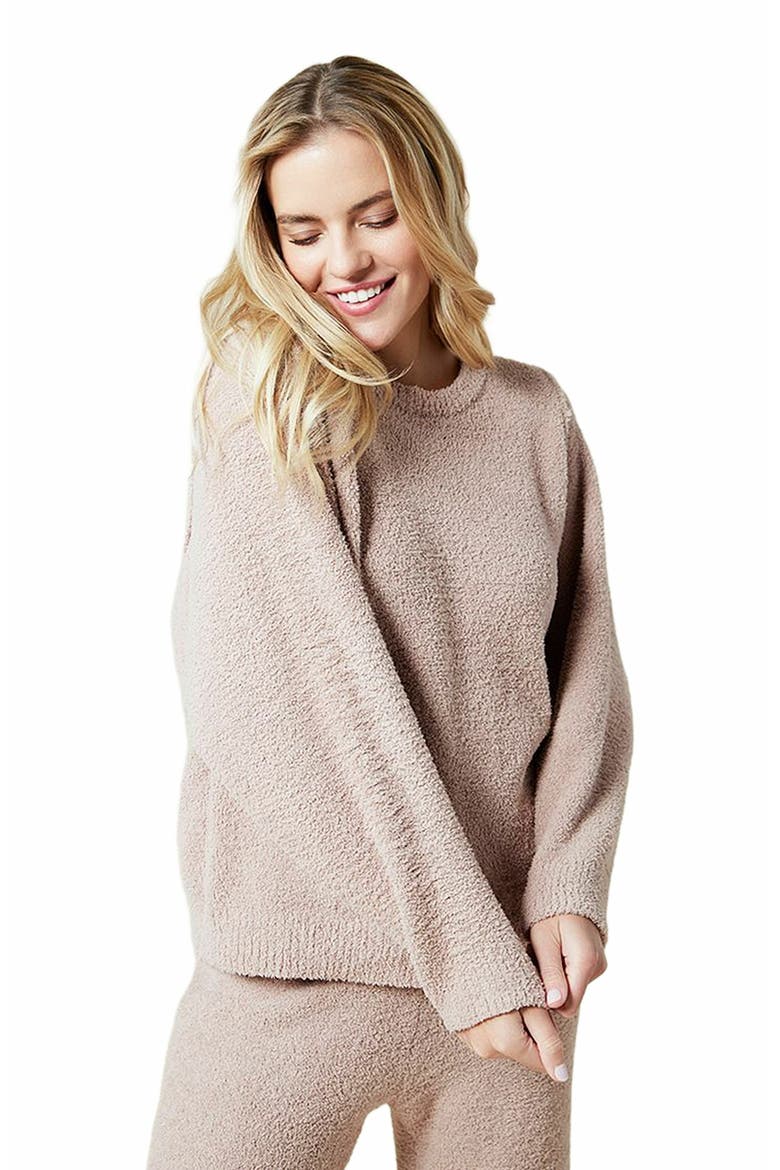 Solid Marshmallow Reverse Seam Crew Neck Lounge Set with Bracelet Sleeve, Alternate, color, Coco