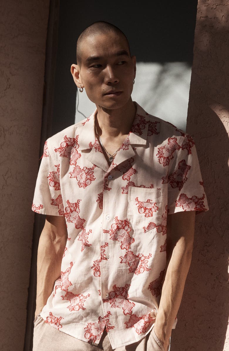 Billy Reid Floral Jacquard Cotton Blend Madras Camp Shirt, Alternate, color, Red