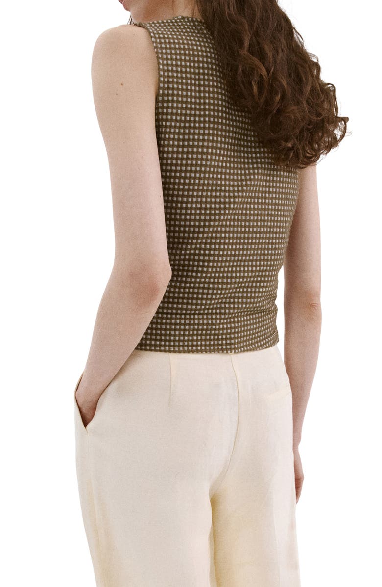 MANGO Micro Check Ruched Cotton Blend Top, Alternate, color, Khaki