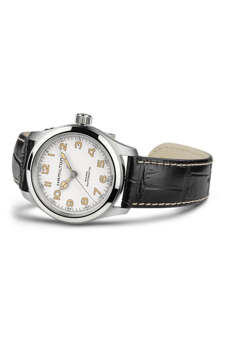 Khaki Field Automatic Leather Strap Watch, 38mm, Alternate, color, WHITE