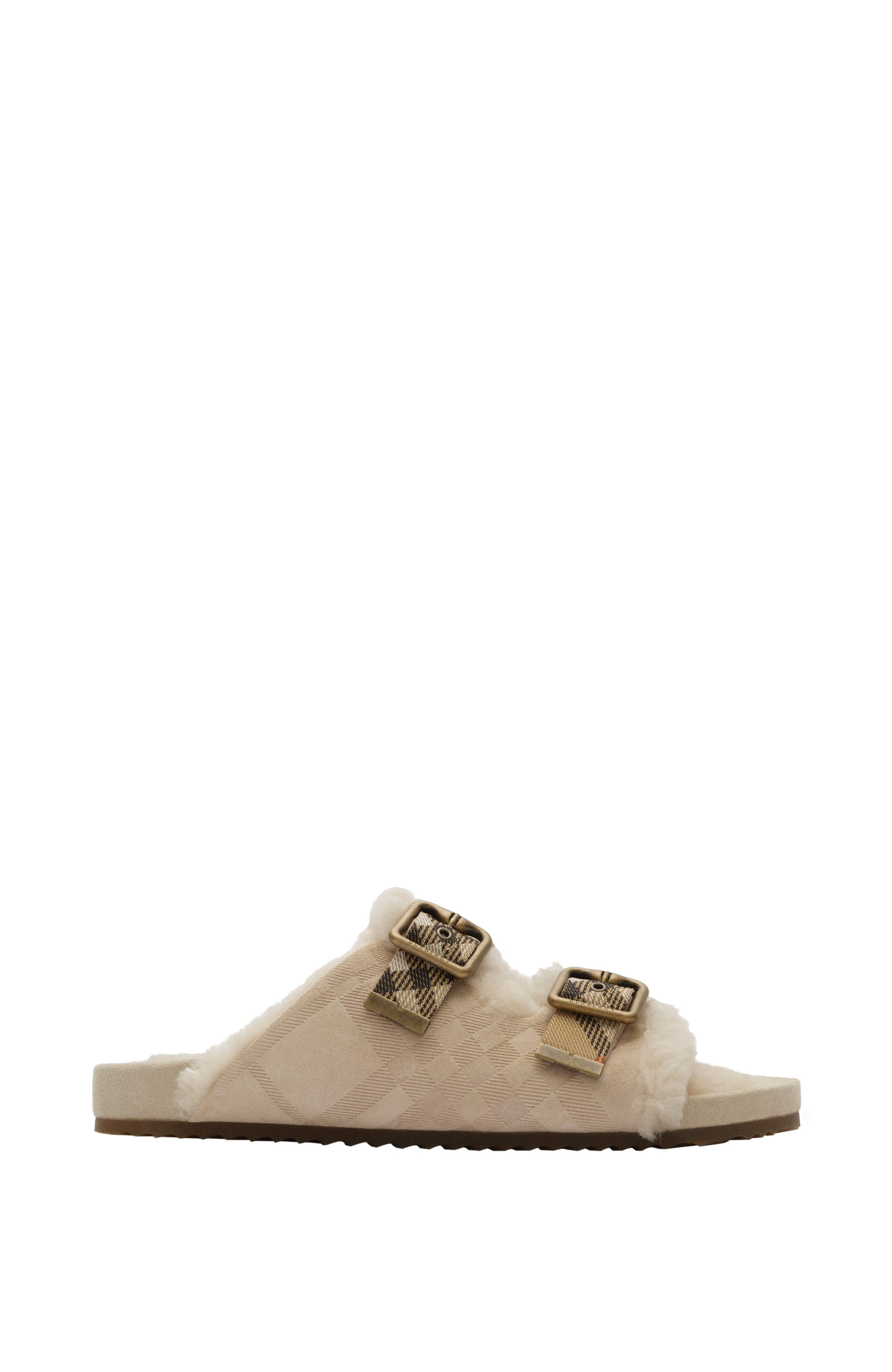 Burberry Check Shearling Urchin Sandals, Main, color, Blonde Beige
