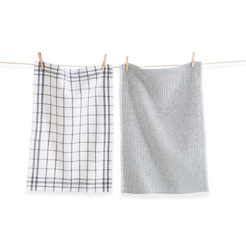 Tag 26l"x18w" Classic Dark Green Cotton Set Of 2 Checked And Solid Terry Cloth Dishtowel Kitchen Tow In Gray