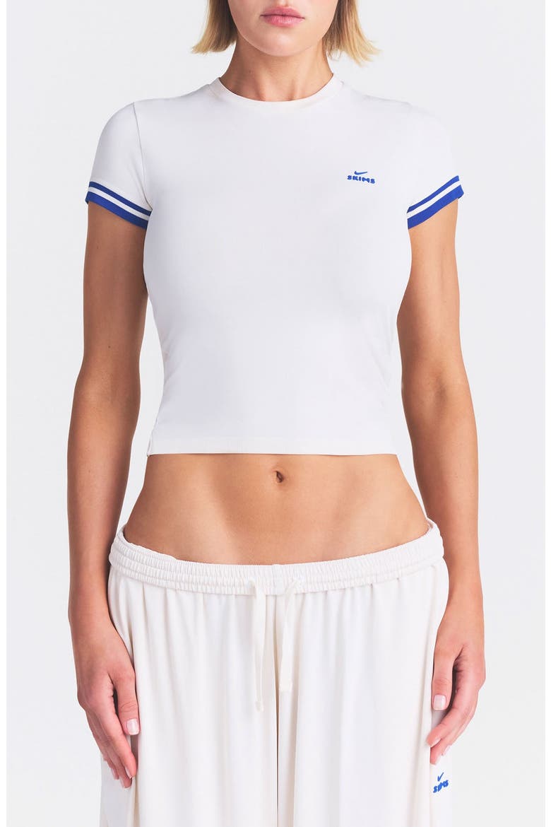 Stretch Knit Cropped Crewneck T-Shirt, Main, color, NSKM ACTV IVORY/ NSKM COBALT