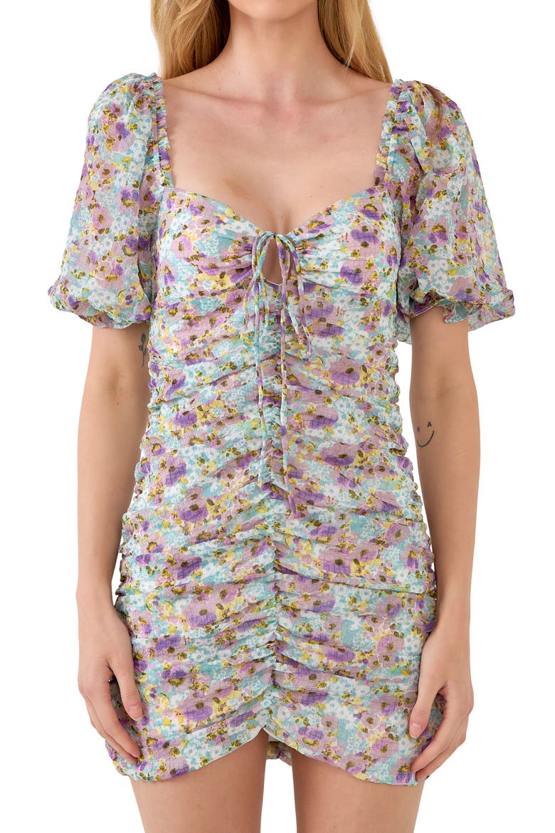 Floral Ruched Puff Sleeve Minidress, Alternate, color, PURPLE MULTI