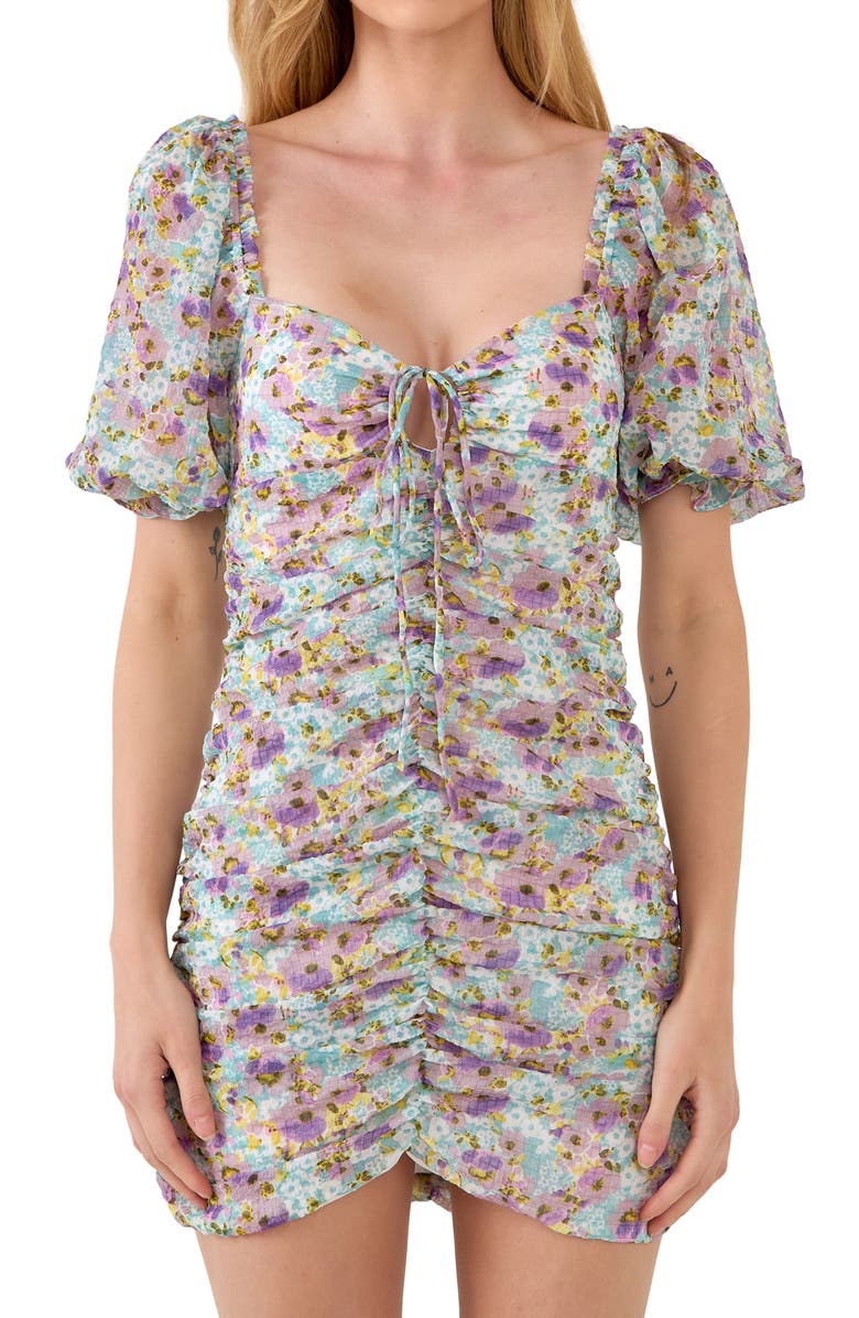 Endless Rose Floral Ruched Puff Sleeve Minidress, Alternate, color, Purple Multi