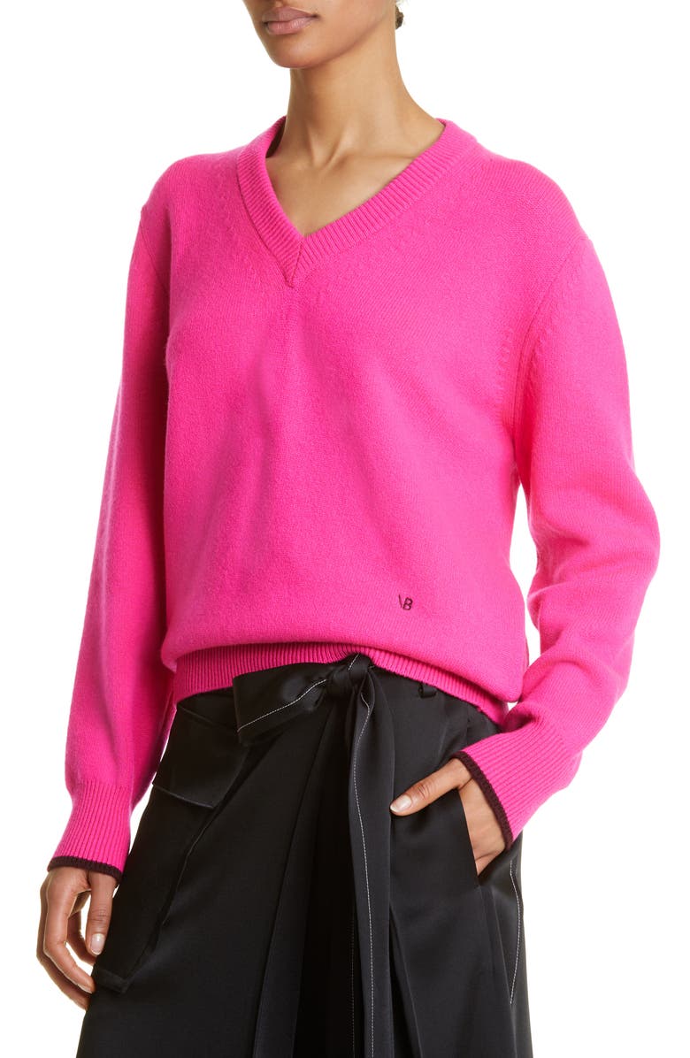 Victoria Beckham Tipped V-Neck Cashmere Sweater, Alternate, color, 