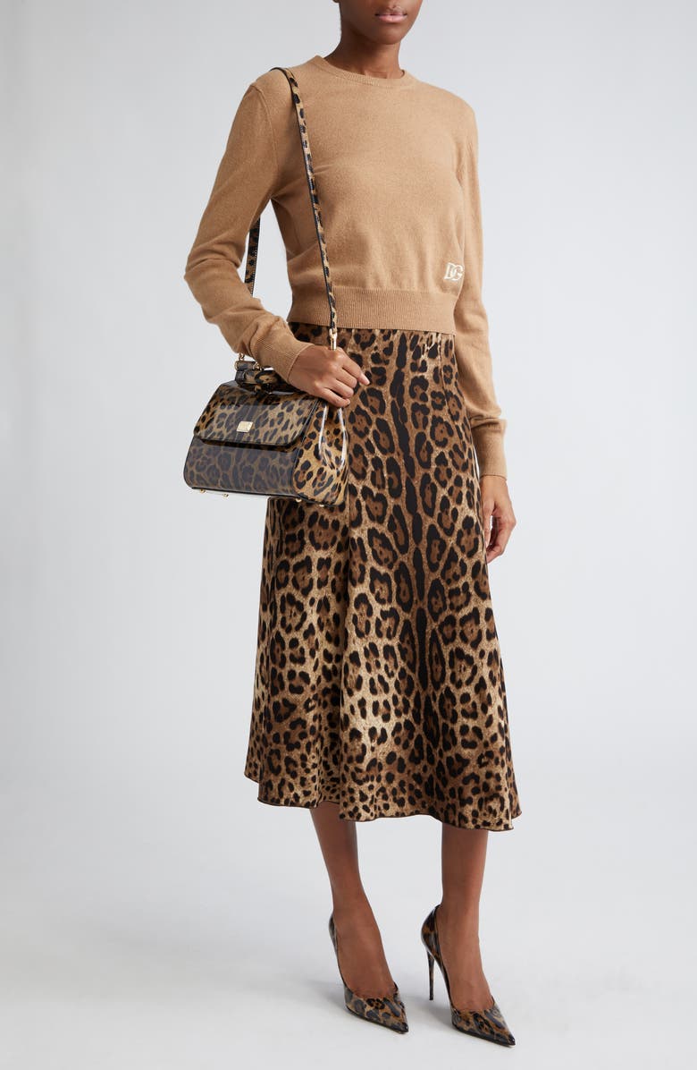 Dolce&Gabbana Leopard Print Stretch Cady A-Line Skirt, Alternate, color,