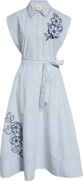 Cinq à Sept Callie Floral Appliqué Stripe Midi Shirtdress