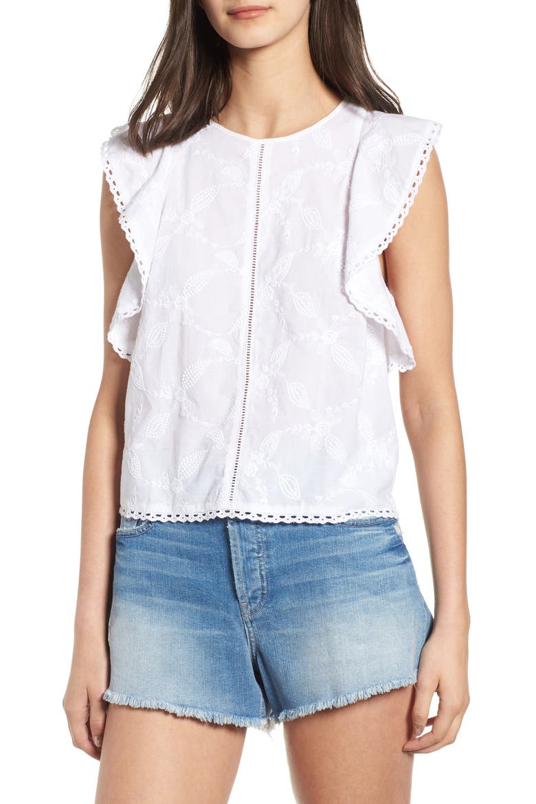 Flutter Sleeve Embroidered Top, Main, color, WHITE