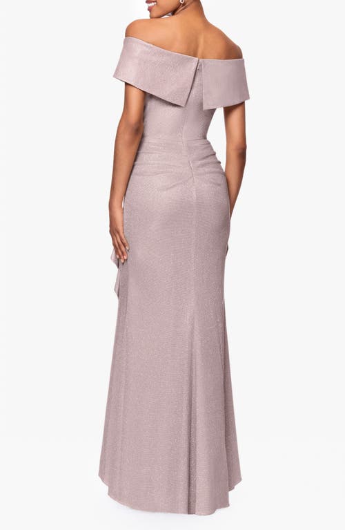Xscape Evenings Ruffle Off The Shoulder Foil Knit Trumpet Gown