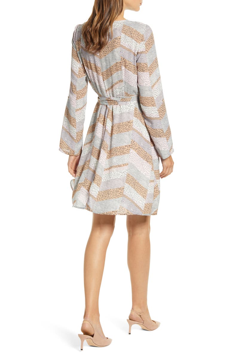 Bobeau Print Long Sleeve Roll-Tab Faux Wrap Dress, Alternate, color,