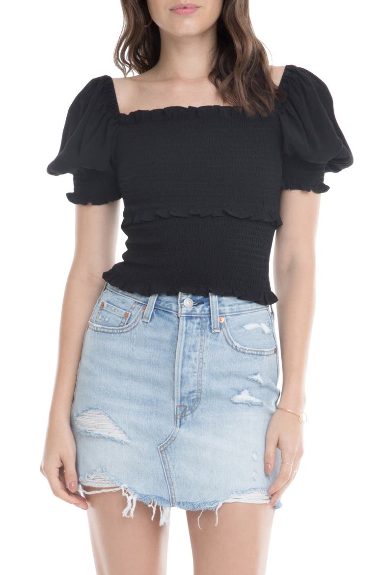 Glenna Smocked Puff Sleeve Top, Main, color, BLACK