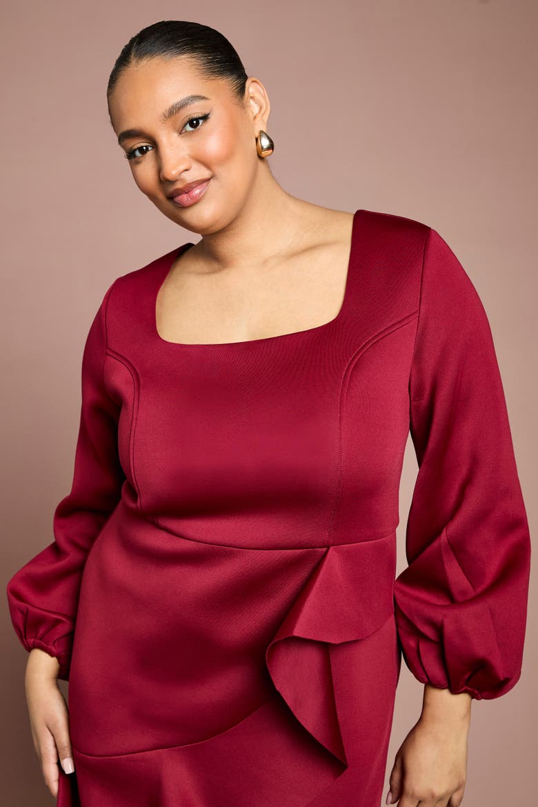 Plus Square Neck Ruffle Hem Midi Dress, Alternate, color, Berry