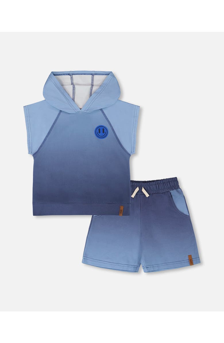 Deux par Deux Sleeveless Gradient Hooded Top and Shorts Set, Main, color, Blue Gradient