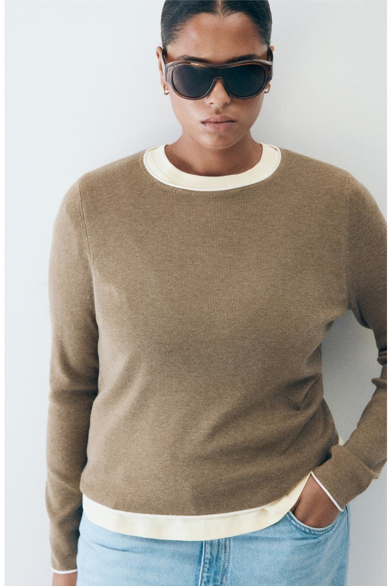Contrast Trim Crewneck Sweater, Alternate, color, MEDIUM BROWN