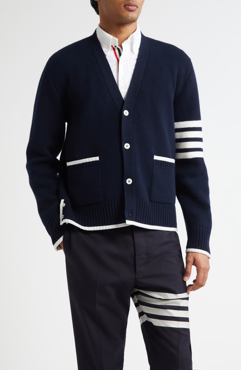 Thom Browne 4-Bar Milano Stitch Virgin Wool Cardigan, Main, color, Navy