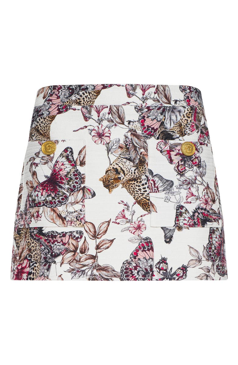L'AGENCE Cyra Leopard Butterfly Print Cotton Miniskirt, Alternate, color, White Multi Lrg Butterfly Jngl