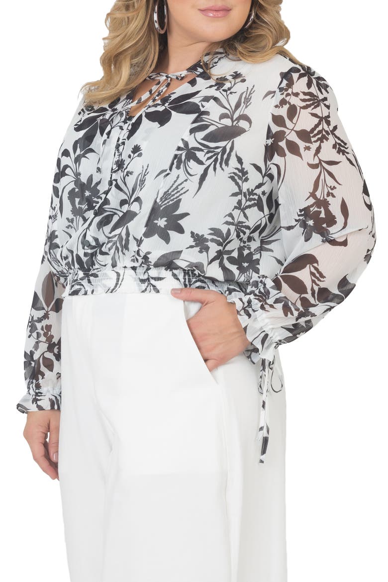 Standard & Practices Tie Neck Chiffon Top, Alternate, color, BLACK WHITE FLORAL
