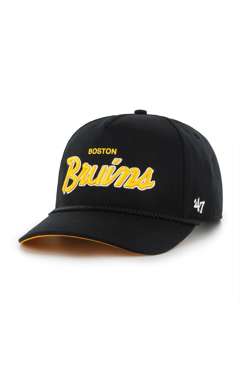 '47 Men's '47 Black Boston Bruins 100th Anniversary Collection Crosstown Script Hitch Adjustable Hat, Alternate, color,