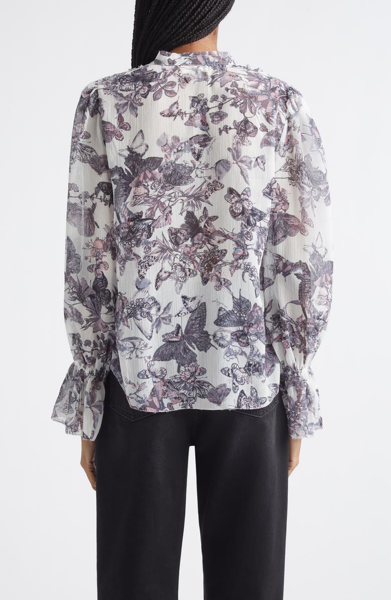 L'AGENCE Eunice Butterfly Print Ruffle Trim Button-Up Top, Alternate, color, Vintage White Watercolor Bufly