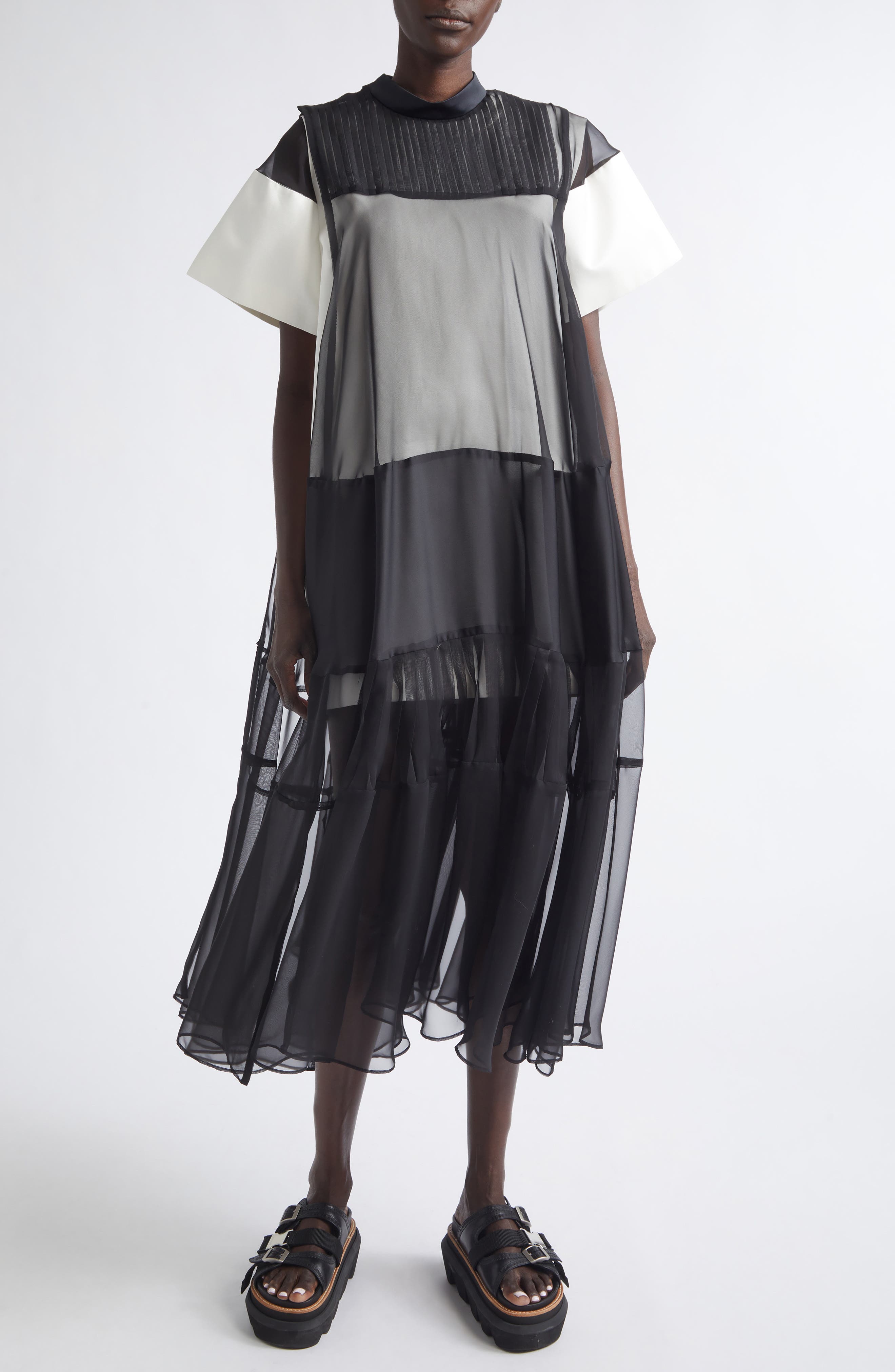 【sacai】Windowpane Knit Dress Sacai Mixed Media Long Sleeve Wool Suiting & Knit Sweater Dress