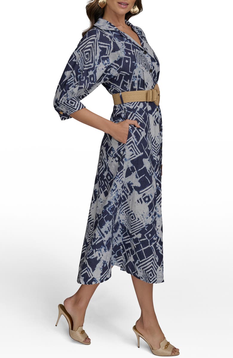 Donna Karan New York Print Belted Long Sleeve Linen Blend Maxi Shirtdress, Alternate, color, Ink Multi