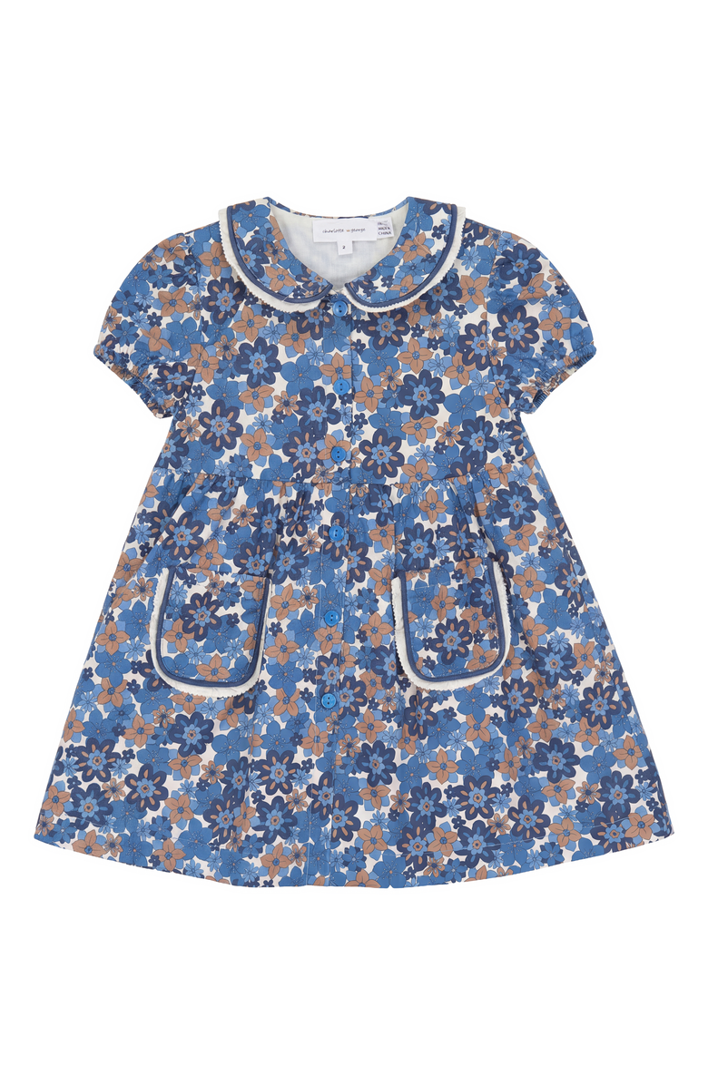 Charlotte & George Floral Contrast Ruffle Trim Dress, Main, color, Dark Blue
