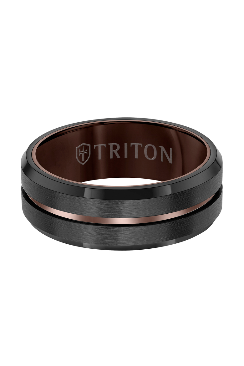 8MM Tungsten Carbide Ring with Satin Finish with Blue Center Line and Bevel Edge, Alternate, color, Brown