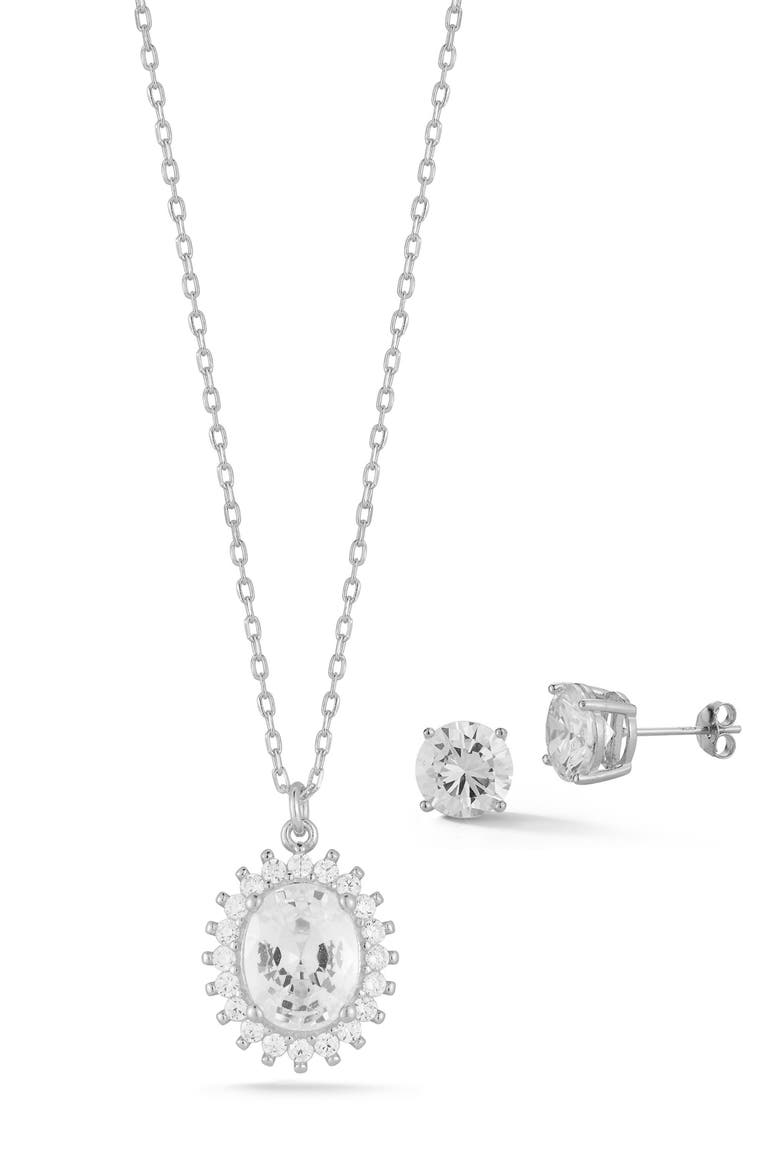 CZ Stud Earrings & Pendant Necklace Set, Main, color, SILVER