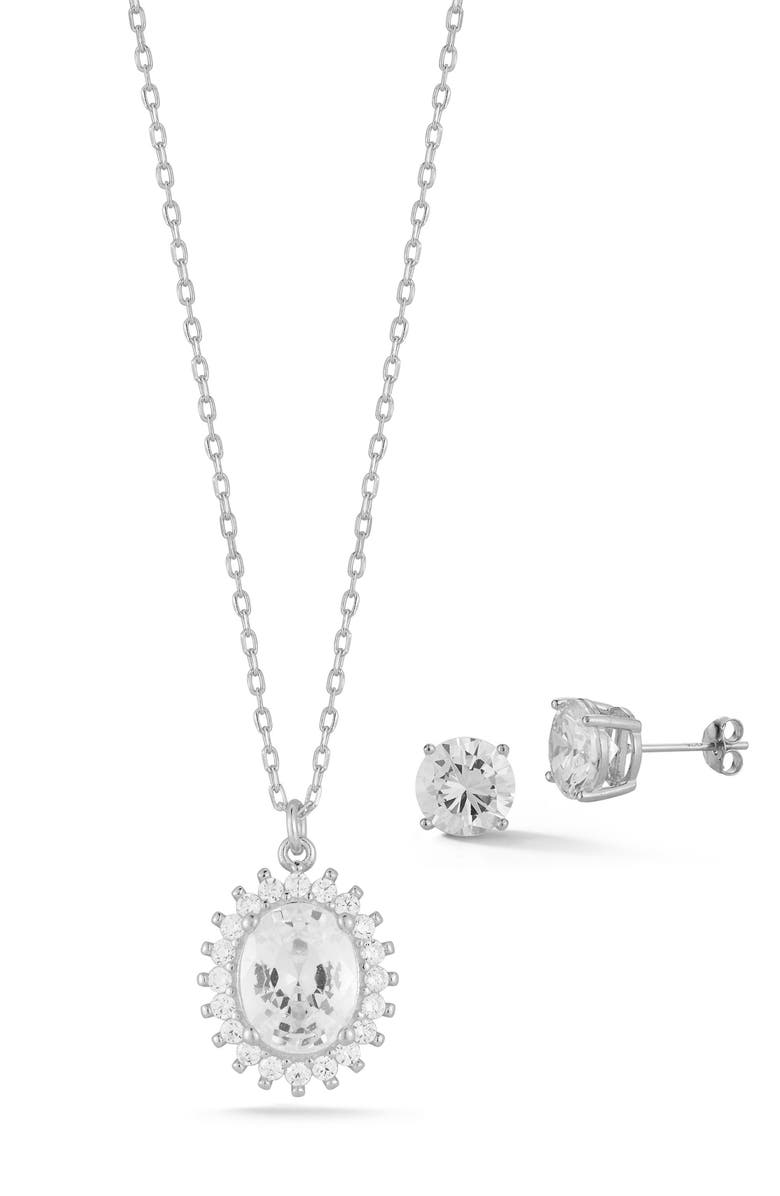 GLAZE JEWELRY CZ Stud Earrings & Pendant Necklace Set, Main, color, Silver