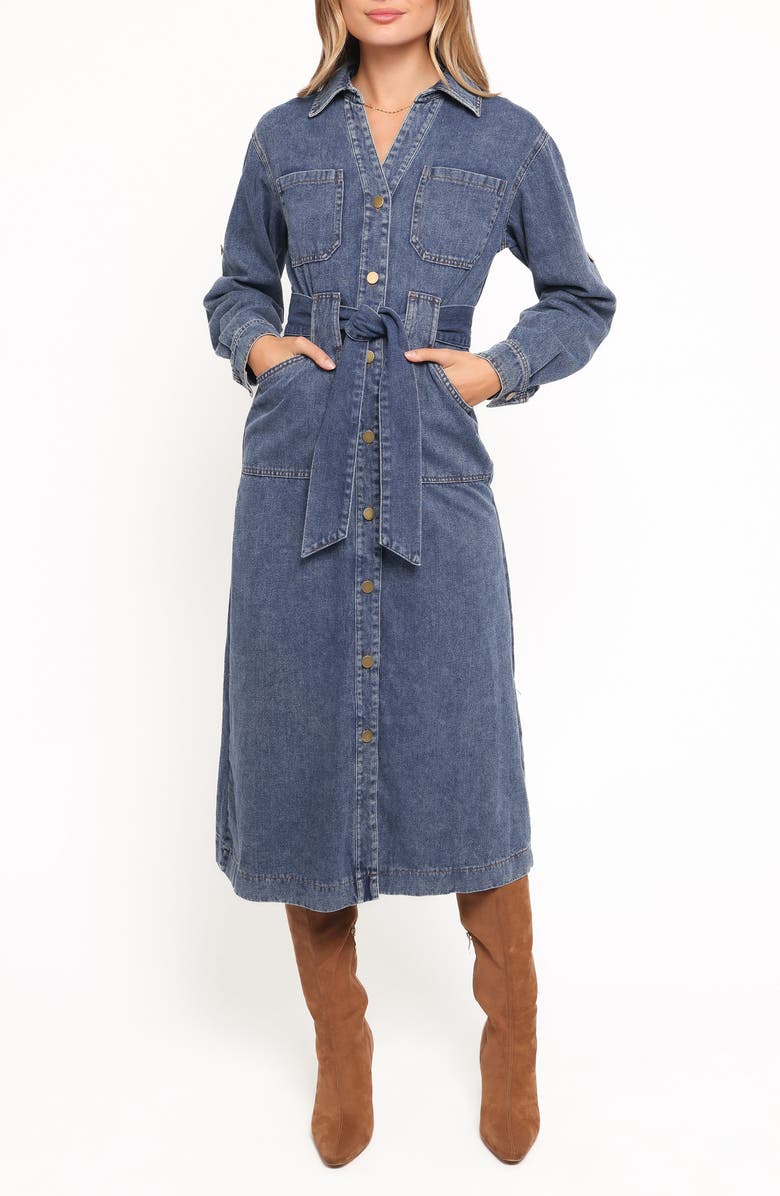 Petal & Pup Ballina Tie Waist Long Sleeve Denim Midi Dress, Main, color, Blue Denim