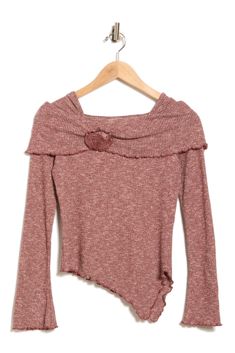 Off the Shoulder Long Sleeve Asymmetric Top, Alternate, color, BURGUNDY
