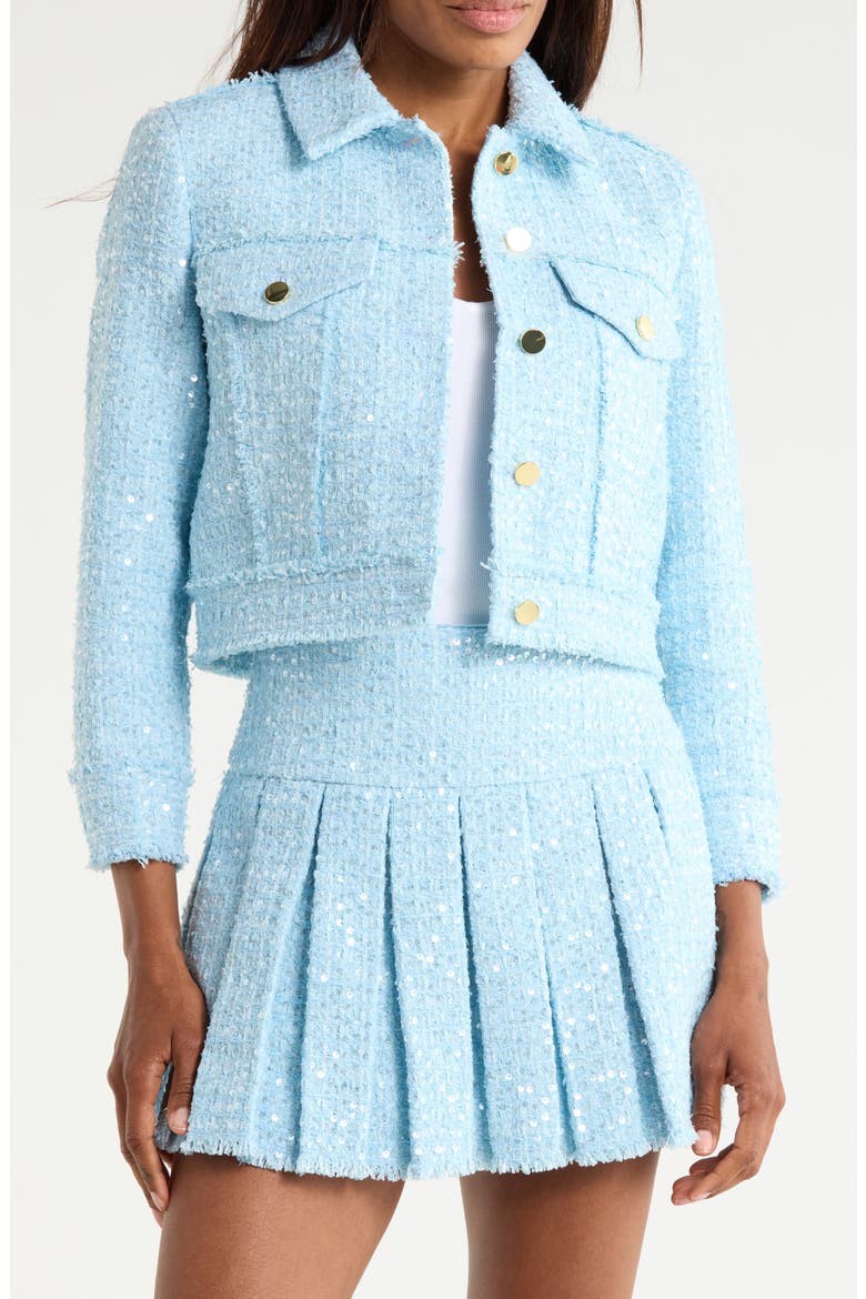 Chloe Sequin Embellished Tweed Crop Jacket, Main, color, CAROLINA BLUE