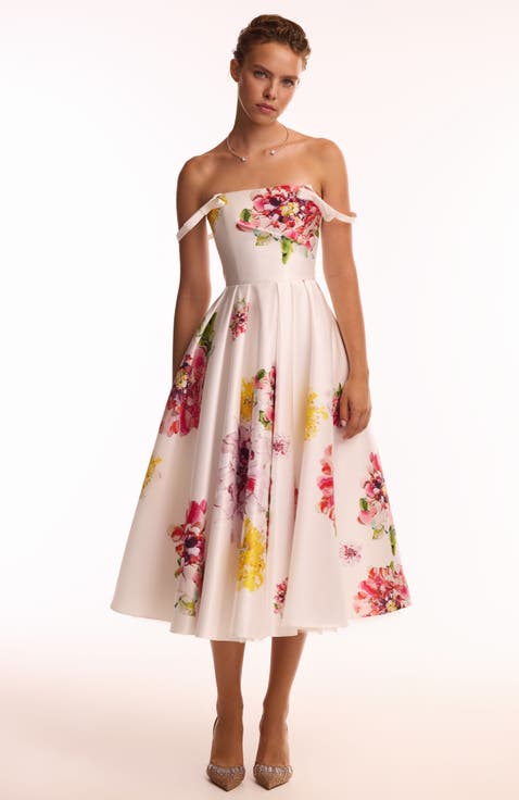 Fit-and-Flare Satin Floral Midi Dress for Cocktail Events