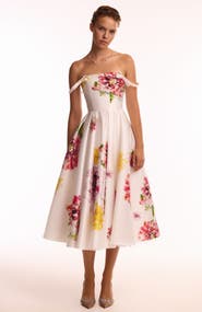 Milla Fit-and-Flare Satin Floral Midi Dress for Cocktail Events
