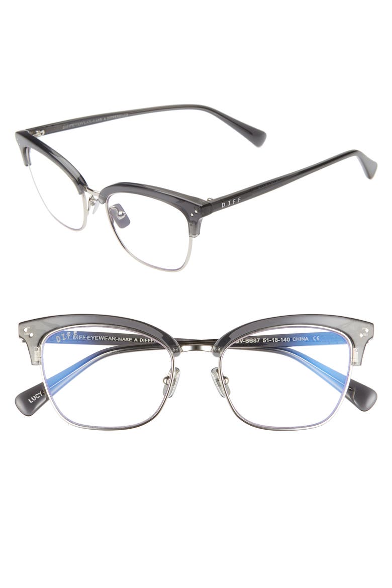 Lucy 51mm Blue Light Blocking Cat Eye Glasses, Main, color, BLACK/ SILVER/ CLEAR