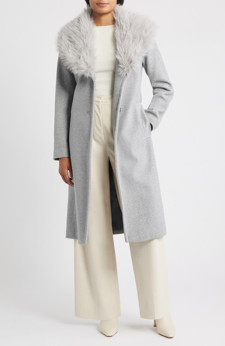Sam Edelman Belted Faux Fur Collared Coat, Alternate, color, Feather Grey